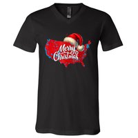 Trump Election Map Merry Christmas Holiday Santa Hat Xmas V-Neck T-Shirt