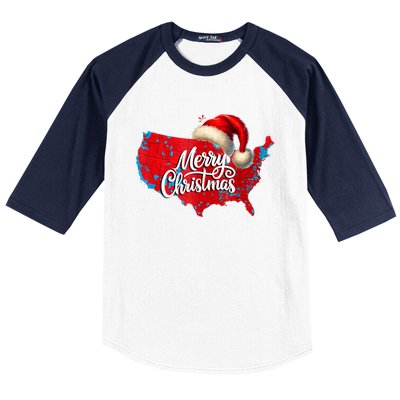 Trump Election Map Merry Christmas Holiday Santa Hat Xmas Baseball Sleeve Shirt