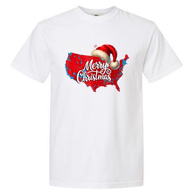 Trump Election Map Merry Christmas Holiday Santa Hat Xmas Garment-Dyed Heavyweight T-Shirt