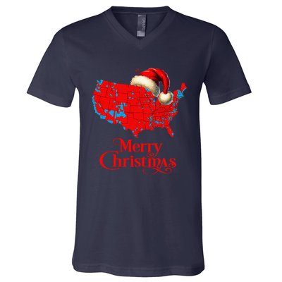 Trump Election Map Merry Christmas Holiday Santa Hat Xmas V-Neck T-Shirt