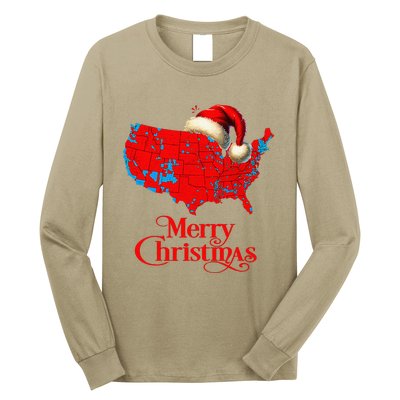 Trump Election Map Merry Christmas Holiday Santa Hat Xmas Long Sleeve Shirt