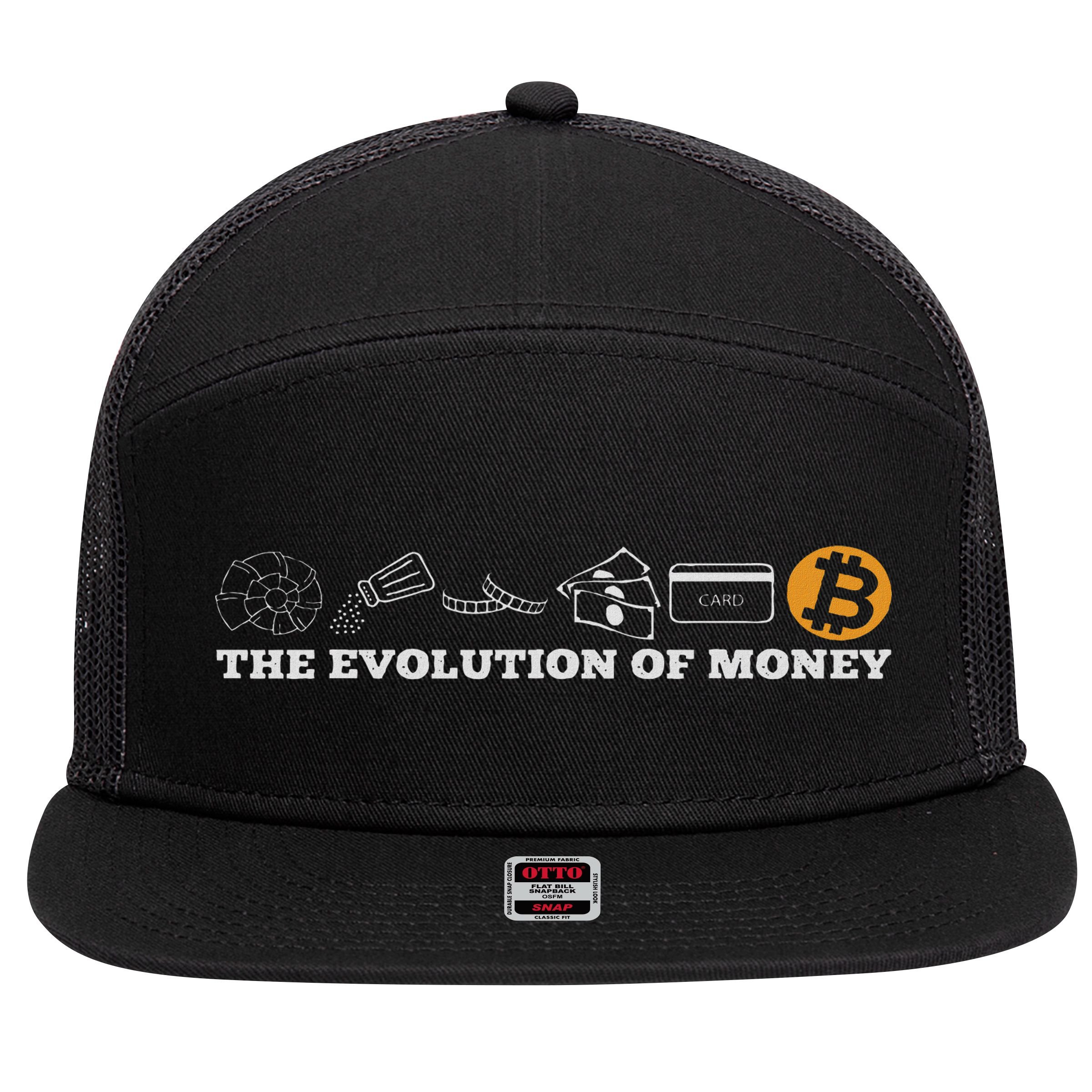 The Evolution Of Money Bitcoin Btc Crypto Cryptocurrency 7 Panel Mesh Trucker Snapback Hat