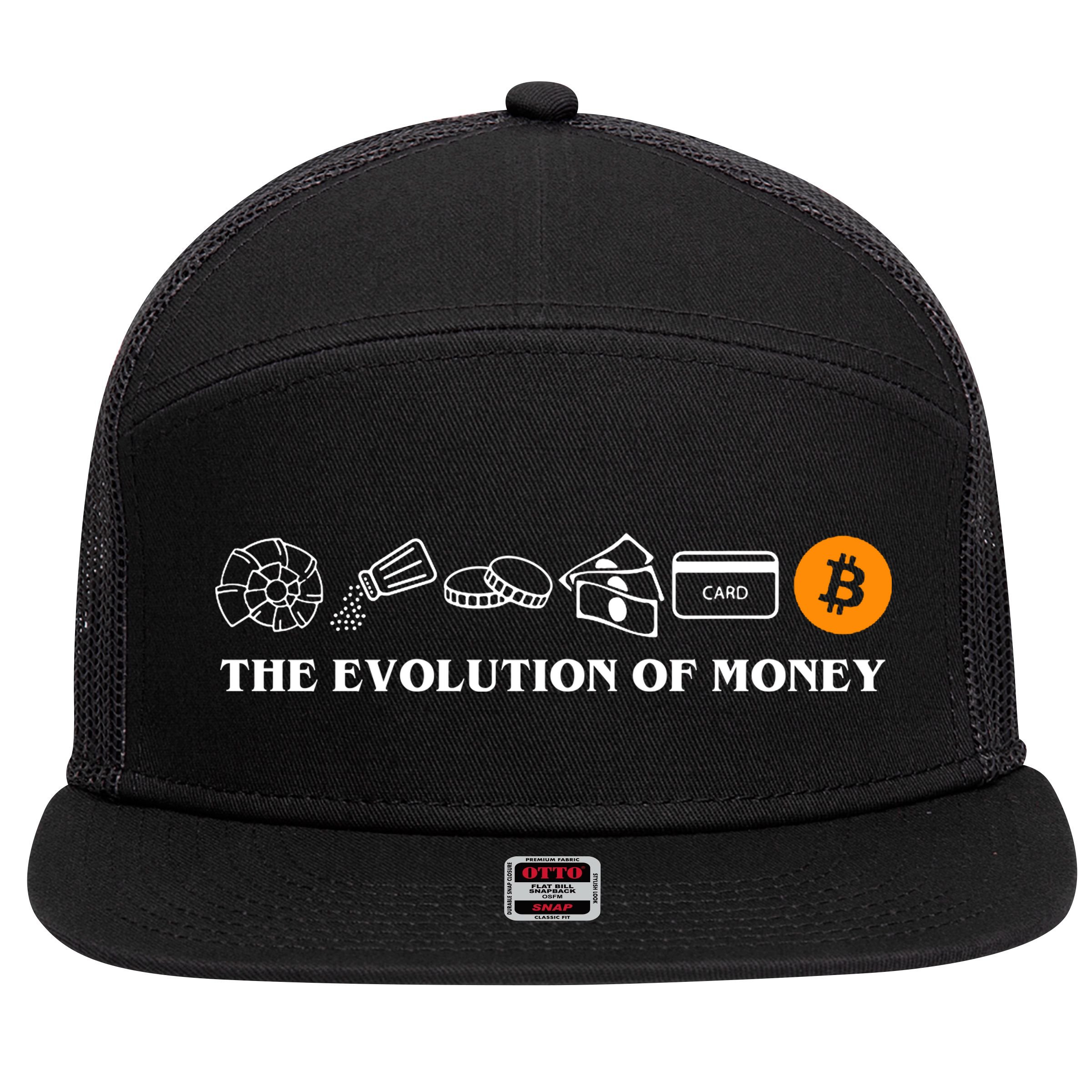 The Evolution Of Money Bitcoin Crypto 7 Panel Mesh Trucker Snapback Hat
