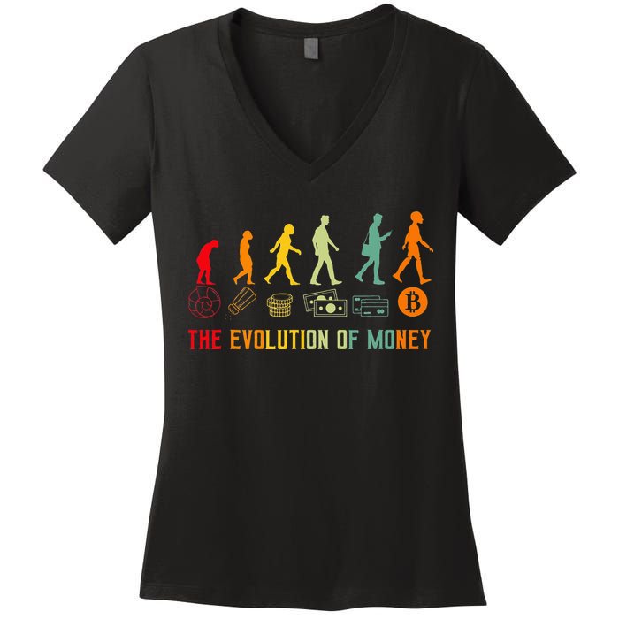 The Evolution Of Money Bitcoin Btc Crypto Cryptocurrency Women's V-Neck T-Shirt