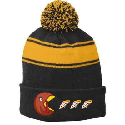 Turkey Eat Pizza Happy Thanksgiving Stripe Pom Pom Beanie