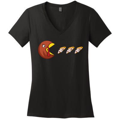 Turkey Eat Pizza Happy Thanksgiving Women's V-Neck T-Shirt