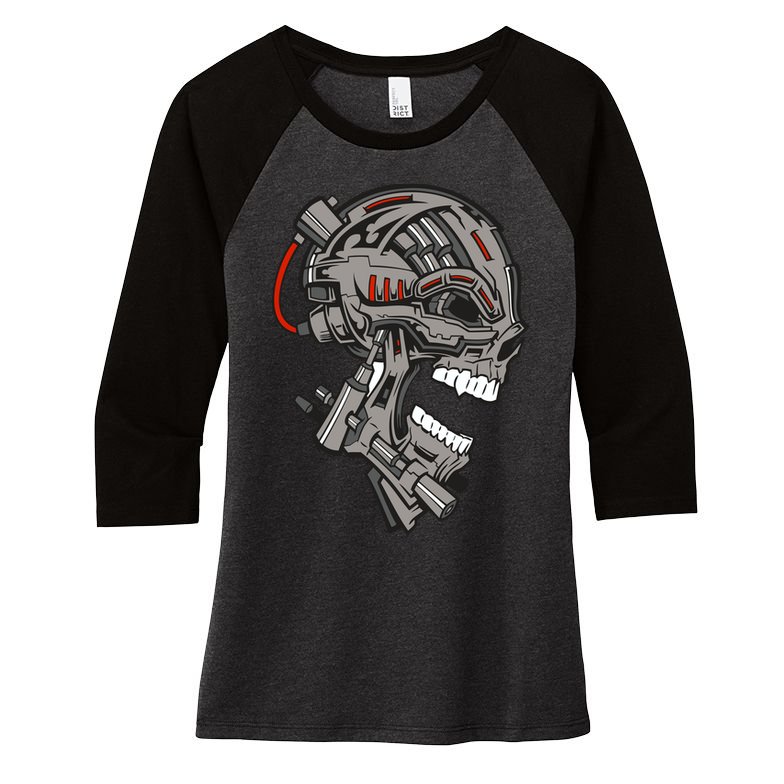 Terminator Skull Gun Head Women's Tri-Blend 3/4-Sleeve Raglan Shirt