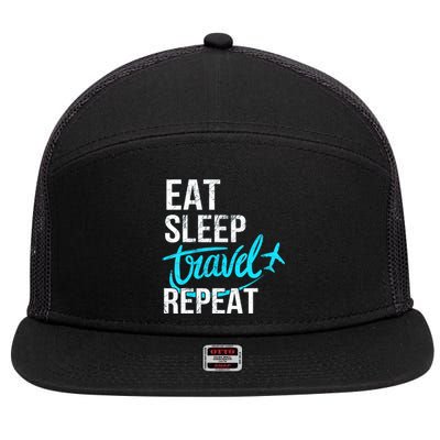 Travelling Eat Sleep Travel Repeat Distressed Funny Gift 7 Panel Mesh Trucker Snapback Hat