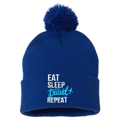 Travelling Eat Sleep Travel Repeat Distressed Funny Gift Pom Pom 12in Knit Beanie