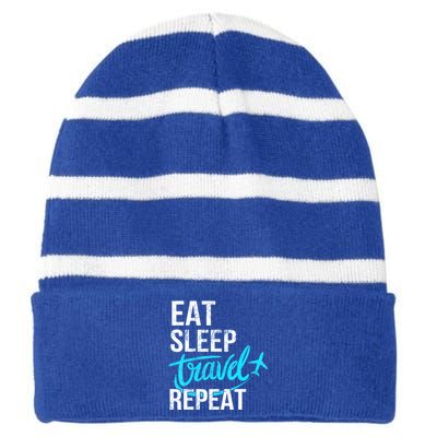 Travelling Eat Sleep Travel Repeat Distressed Funny Gift Striped Beanie with Solid Band