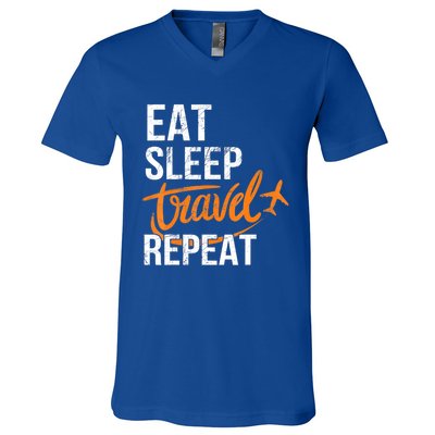 Travelling Eat Sleep Travel Repeat Distressed Funny Traveler Cute Gift V-Neck T-Shirt