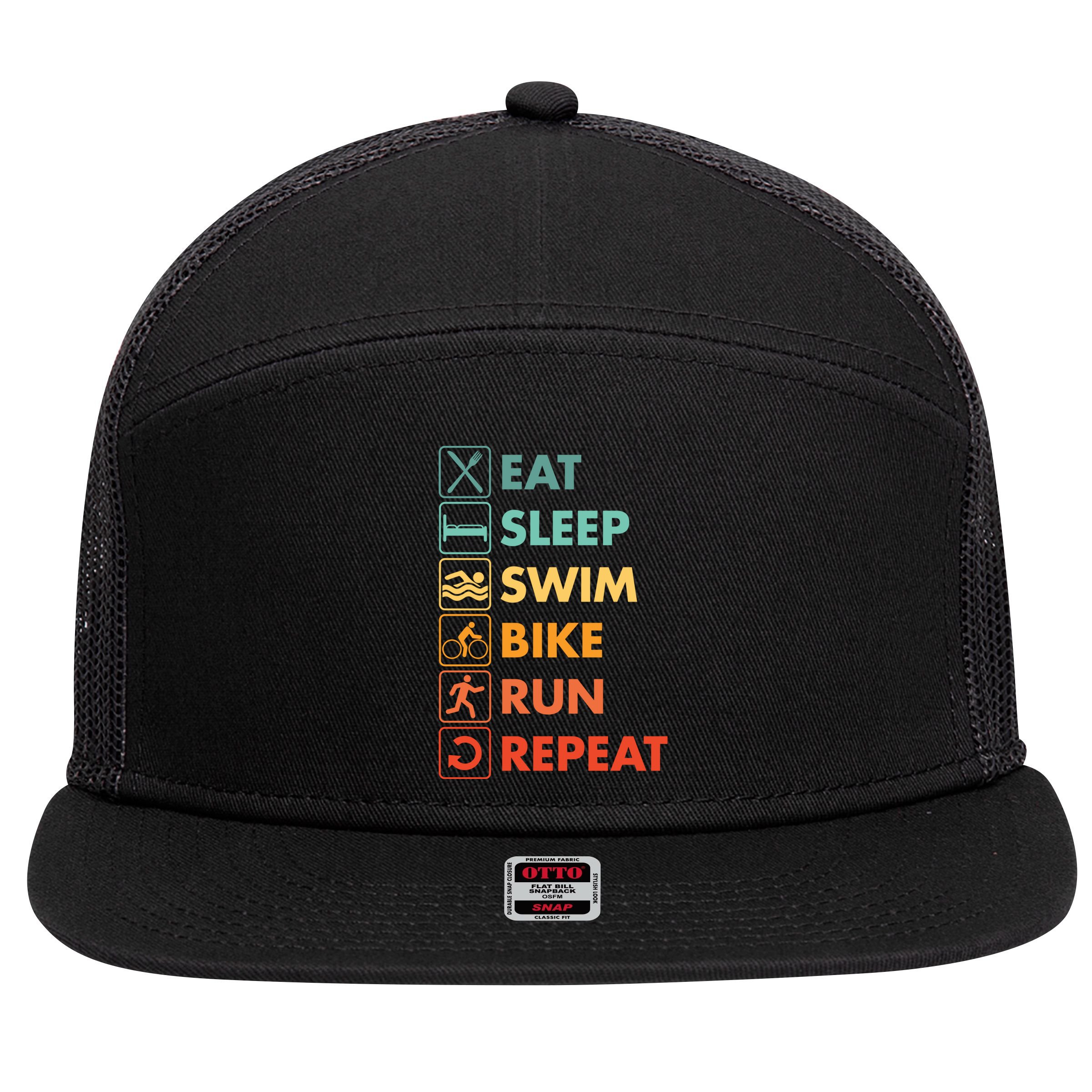Triathlon Eat Sleep Swim Bike Run Repeat Cute Gift 7 Panel Mesh Trucker Snapback Hat