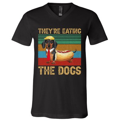They’Re Eating The Dogs 2024 Retro Funny Dachshund Weiner Gift V-Neck T-Shirt