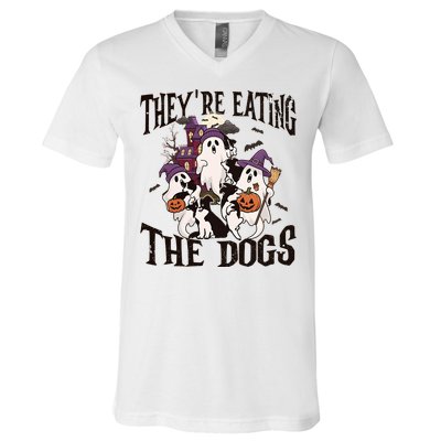 Theyre Eating The Dogs Halloween Cute Ghoul Ghost V-Neck T-Shirt