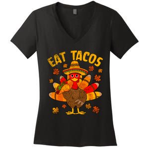 Turkey Eat Tacos Mexican Sombrero Thanksgiving Family Women's V-Neck T-Shirt