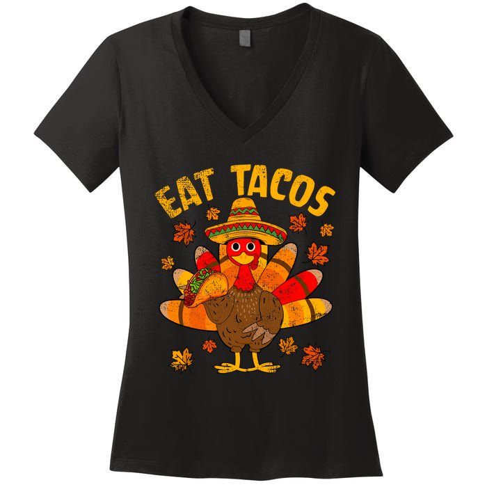 Turkey Eat Tacos Mexican Sombrero Thanksgiving Family Women's V-Neck T-Shirt