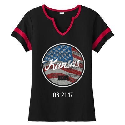 Total Eclipse Usa Flag Kansas Us State Ladies Halftime Notch Neck Tee