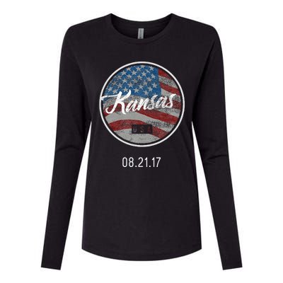 Total Eclipse Usa Flag Kansas Us State Womens Cotton Relaxed Long Sleeve T-Shirt