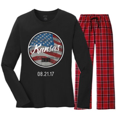 Total Eclipse Usa Flag Kansas Us State Women's Long Sleeve Flannel Pajama Set 