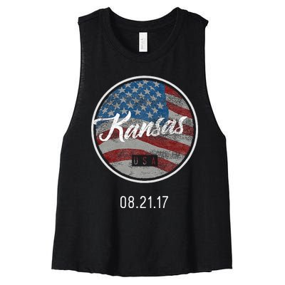 Total Eclipse Usa Flag Kansas Us State Women's Racerback Cropped Tank