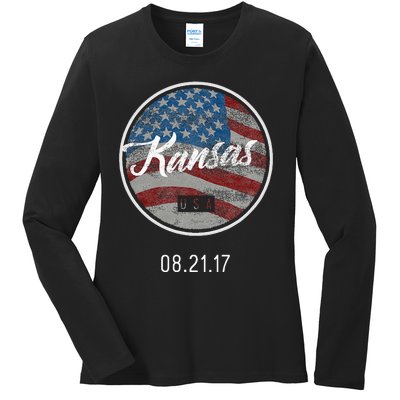 Total Eclipse Usa Flag Kansas Us State Ladies Long Sleeve Shirt