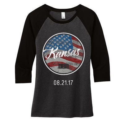 Total Eclipse Usa Flag Kansas Us State Women's Tri-Blend 3/4-Sleeve Raglan Shirt