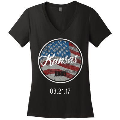 Total Eclipse Usa Flag Kansas Us State Women's V-Neck T-Shirt