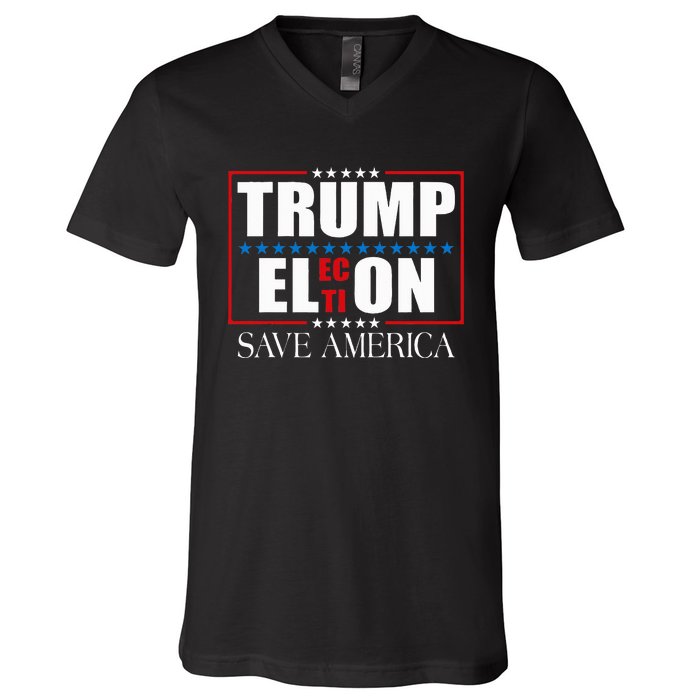 Trump Election Usa Flag Trump Elon Save America V-Neck T-Shirt