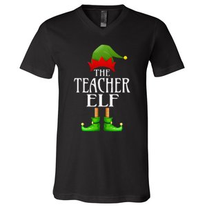 Teacher Elf Xmas Funny Family Matching Group Christmas V-Neck T-Shirt