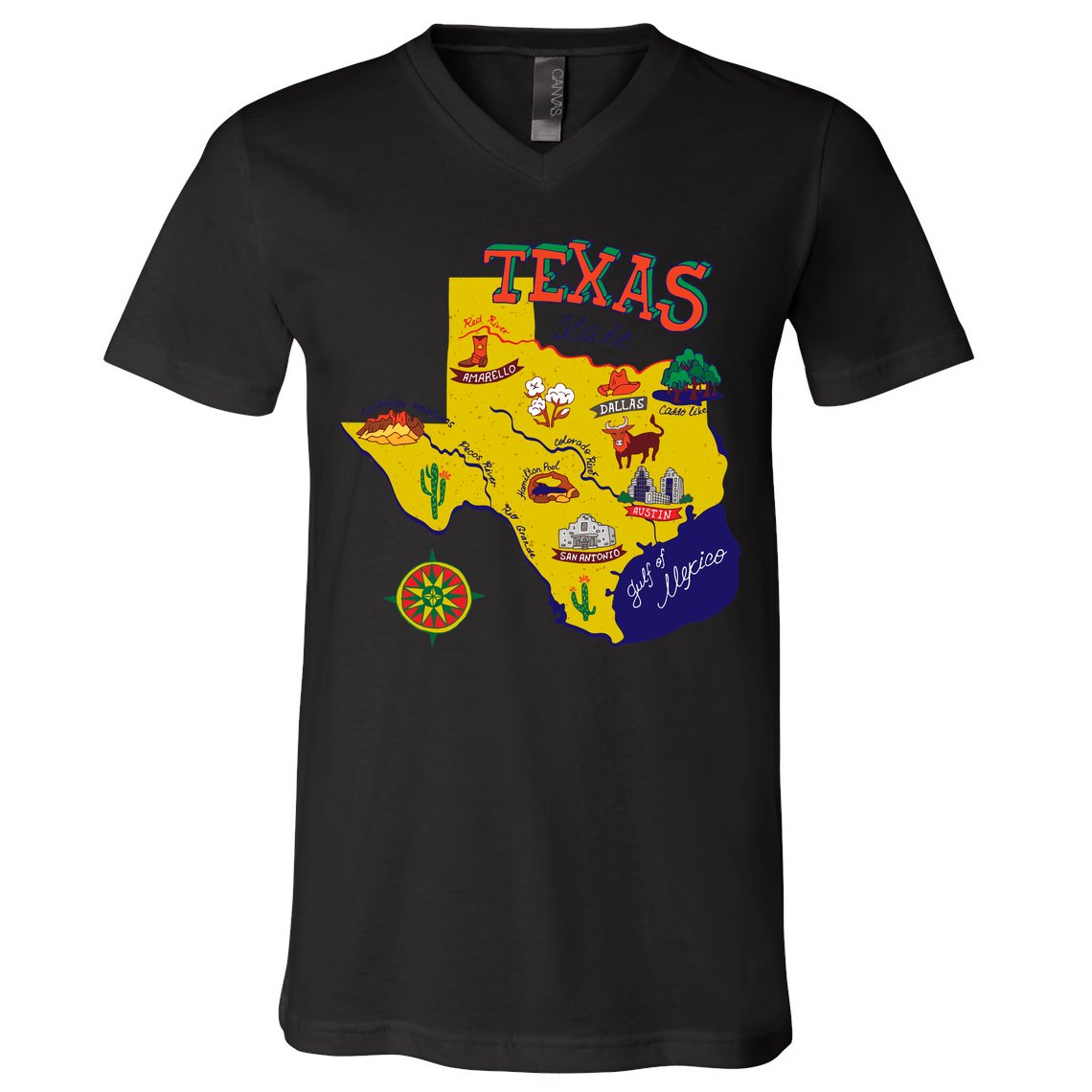 Texas Cartoon Map V-Neck T-Shirt