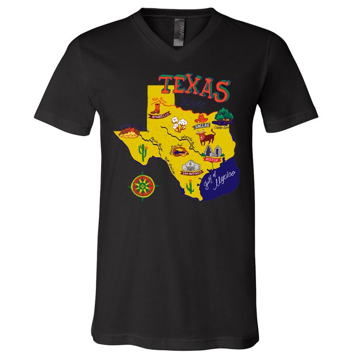 Texas Cartoon Map V-Neck T-Shirt