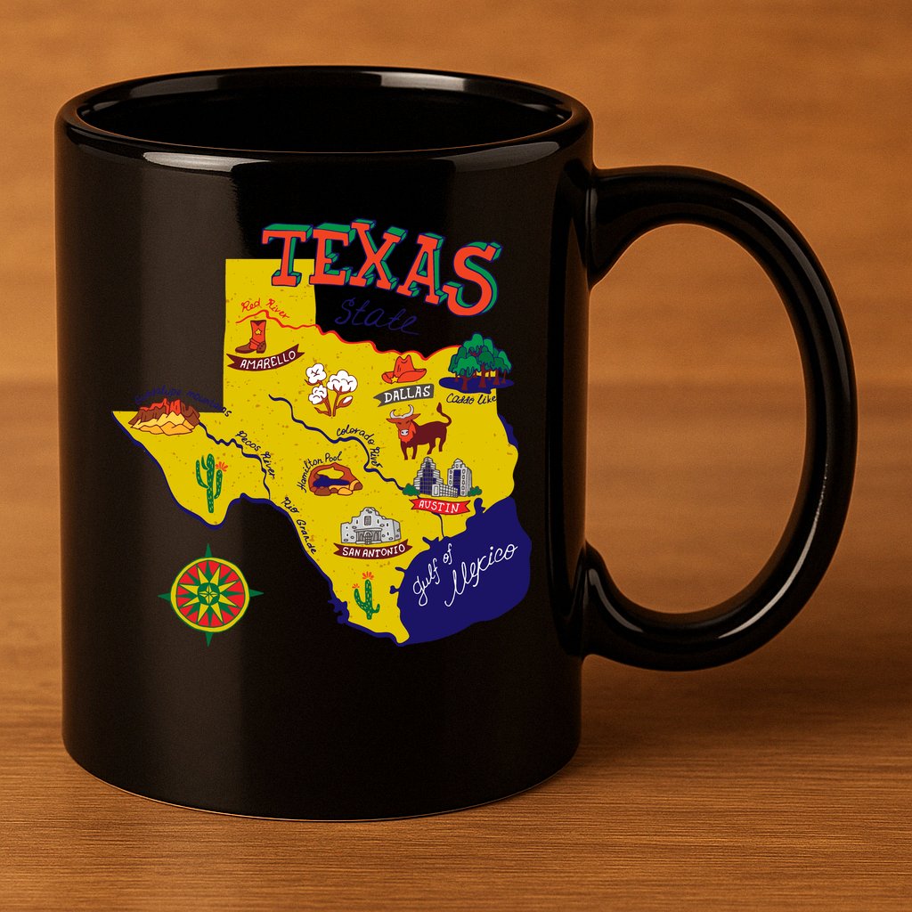 Texas Cartoon Map 11oz C Handle Ceramic Mug