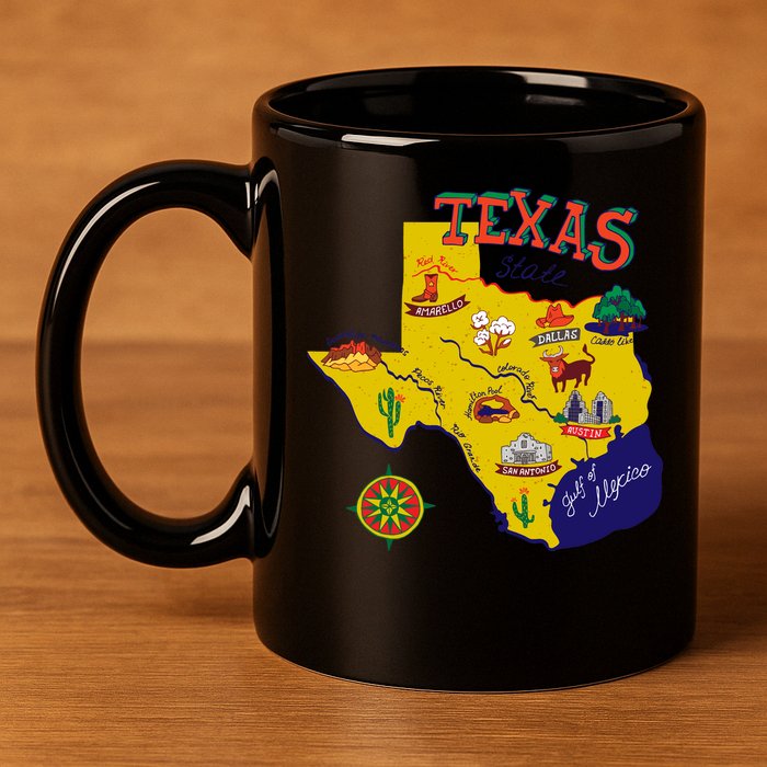 Texas Cartoon Map 11oz C Handle Ceramic Mug