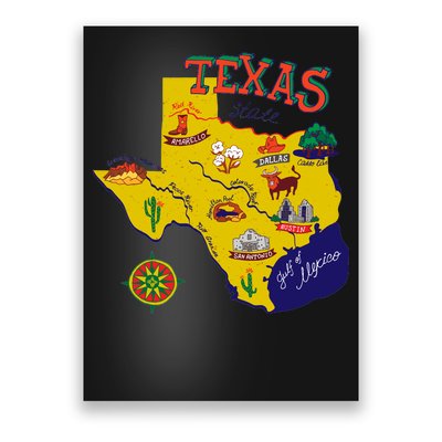 Texas Cartoon Map Poster