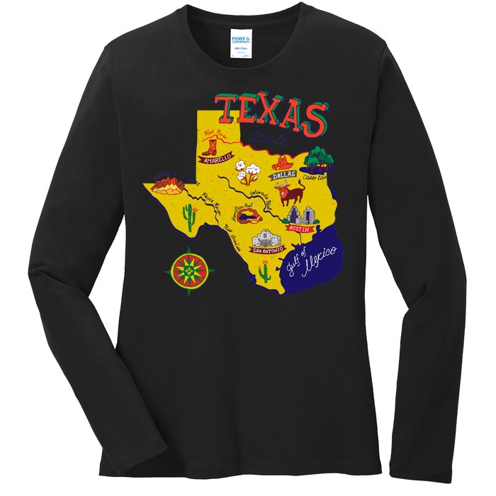 Texas Cartoon Map Ladies Long Sleeve Shirt