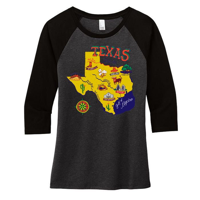 Texas Cartoon Map Women's Tri-Blend 3/4-Sleeve Raglan Shirt