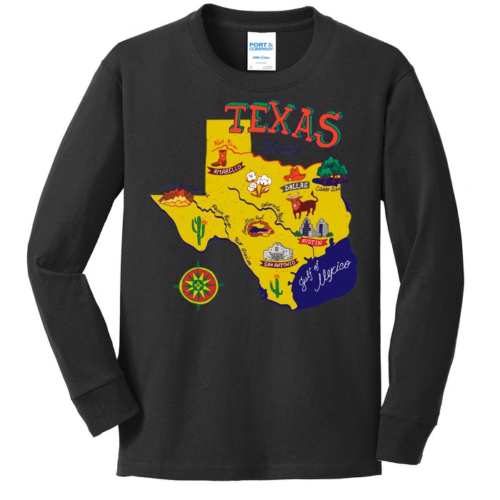 Texas Cartoon Map Kids Long Sleeve Shirt