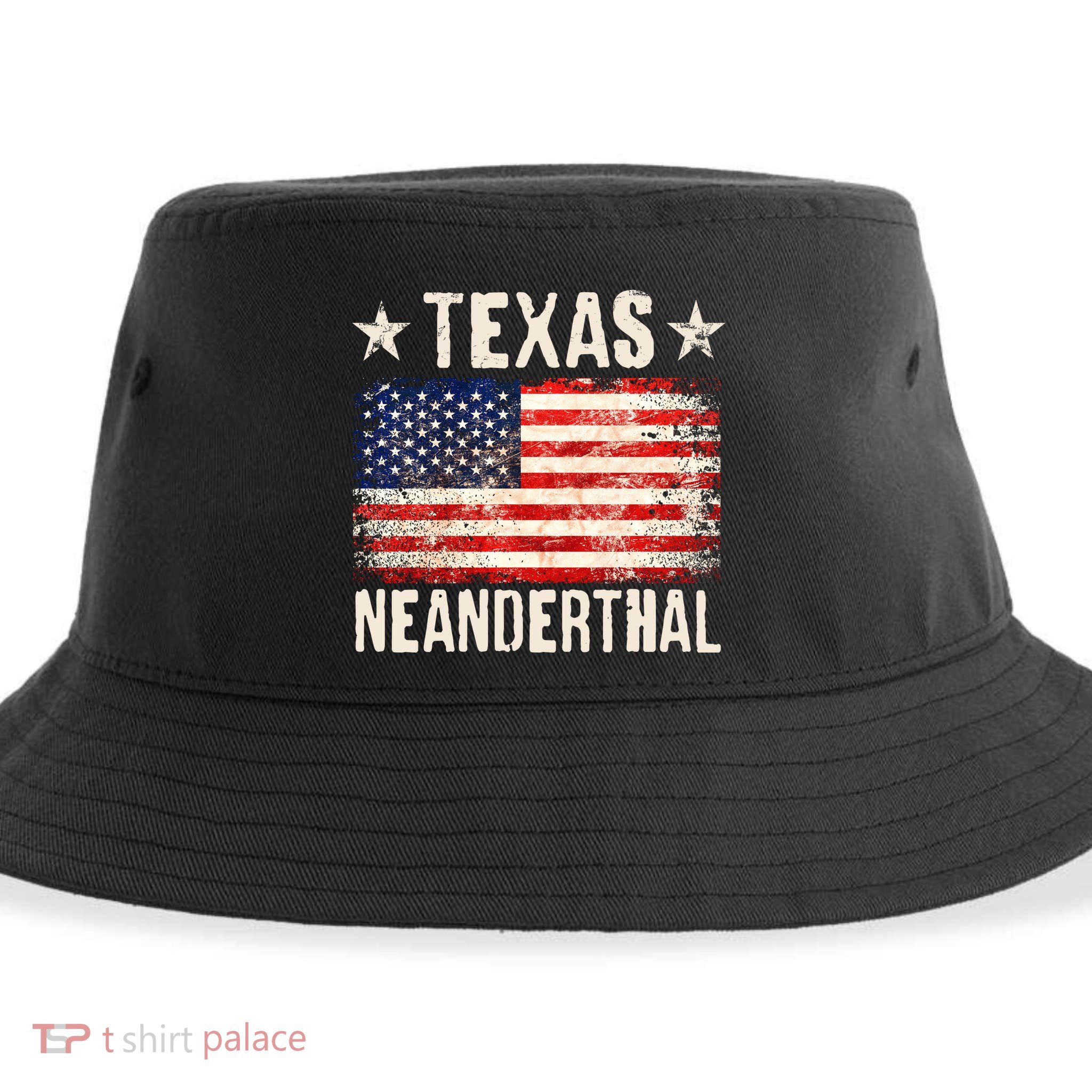 Texas Neanderthal Distressed US Flag Sustainable Bucket Hat