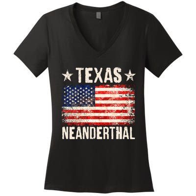 Texas Neanderthal Distressed US Flag Women's V-Neck T-Shirt