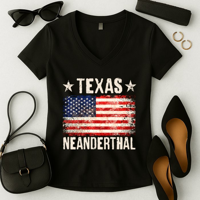 Texas Neanderthal Distressed US Flag Women's V-Neck T-Shirt