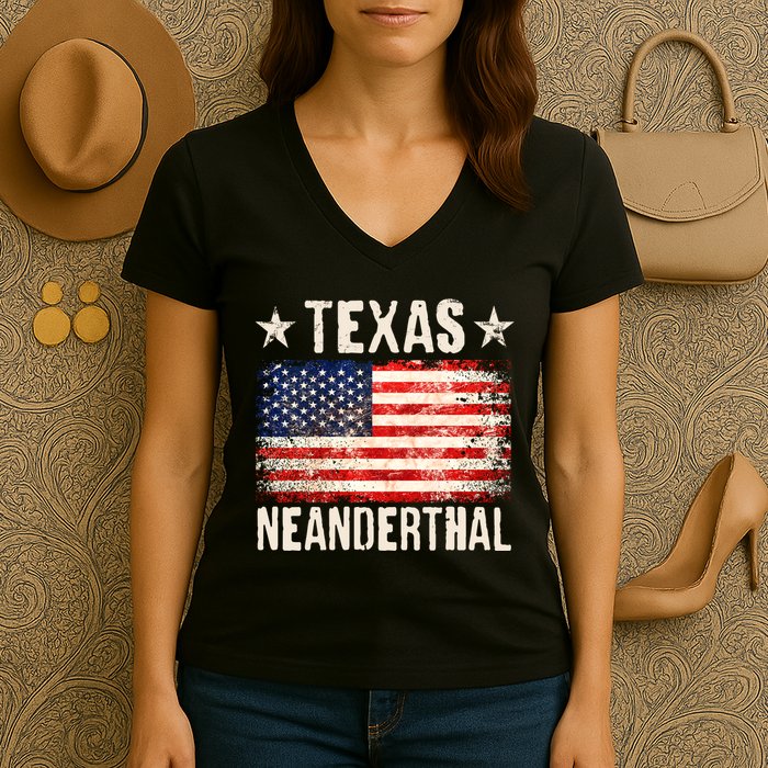 Texas Neanderthal Distressed US Flag Women's V-Neck T-Shirt