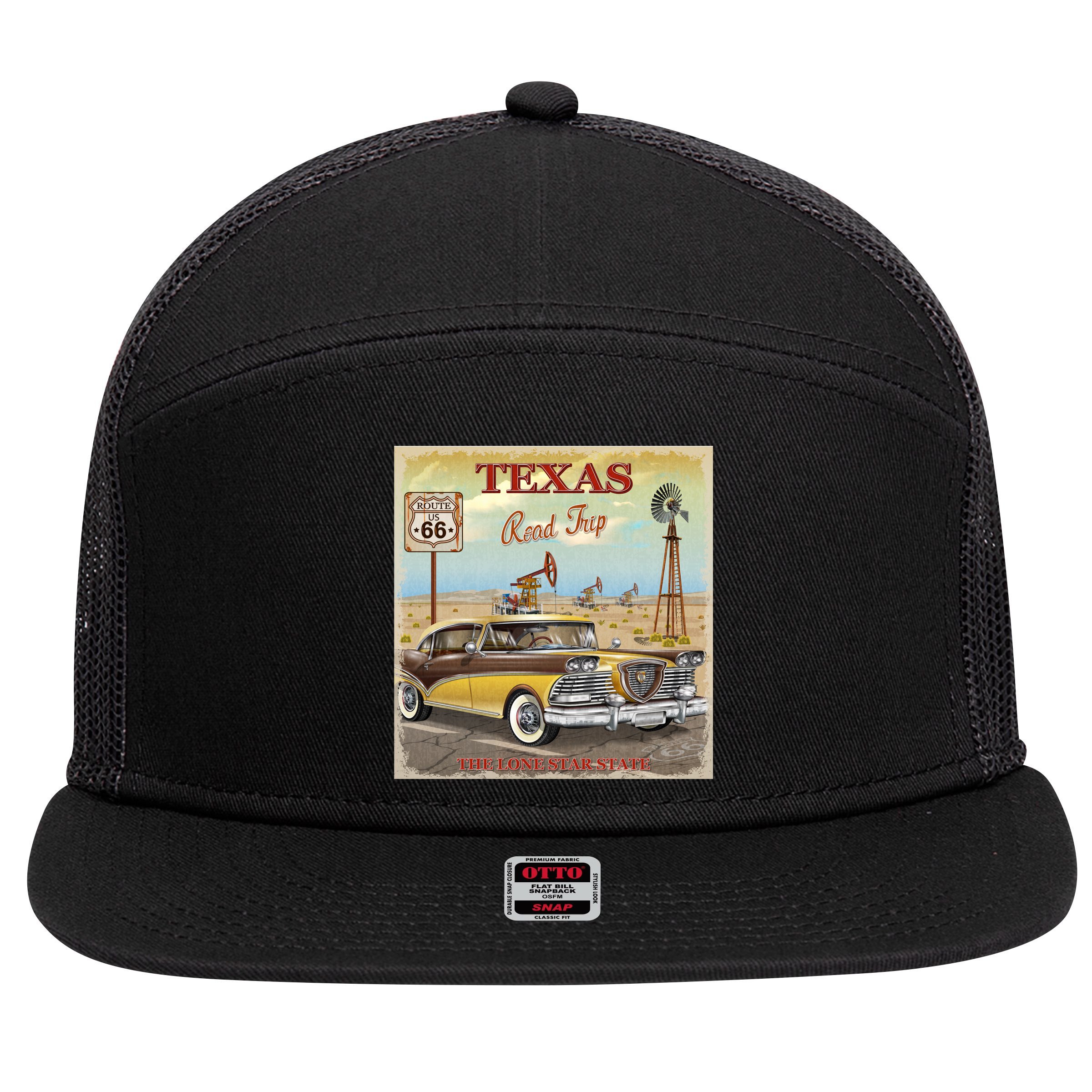 Texas Road Trip Route 66 Classic Car 7 Panel Mesh Trucker Snapback Hat