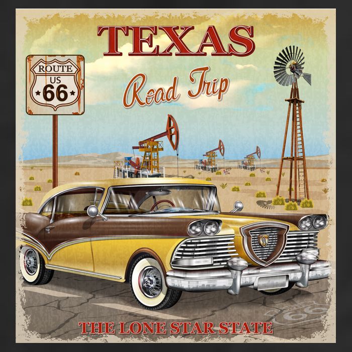 Texas Road Trip Route 66 Classic Car 7 Panel Mesh Trucker Snapback Hat