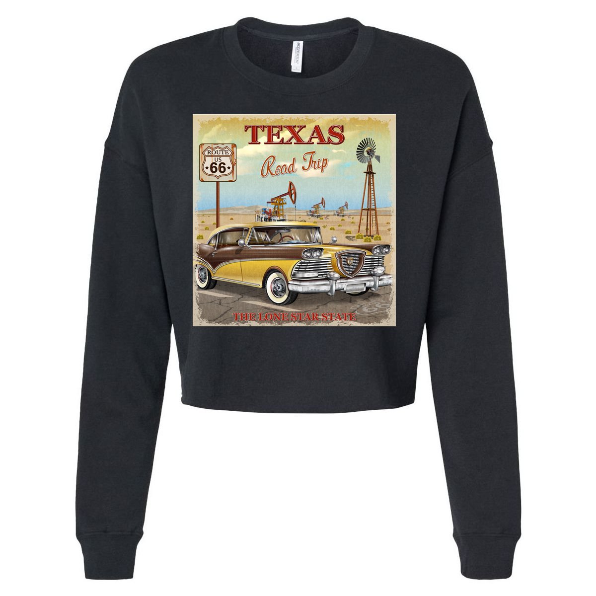 Texas Road Trip Route 66 Classic Car Cropped Pullover Crew