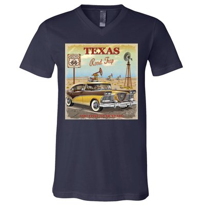 Texas Road Trip Route 66 Classic Car V-Neck T-Shirt