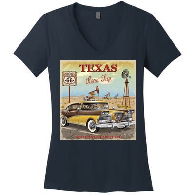 Texas Road Trip Route 66 Classic Car Women's V-Neck T-Shirt