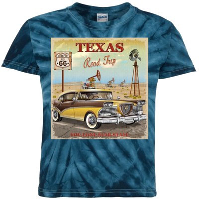 Texas Road Trip Route 66 Classic Car Kids Tie-Dye T-Shirt