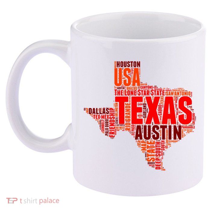 Texas State Word Map 11oz C Handle Ceramic Mug