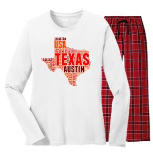 Texas State Word Map Women's Long Sleeve Flannel Pajama Set 