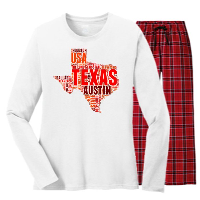 Texas State Word Map Women's Long Sleeve Flannel Pajama Set 